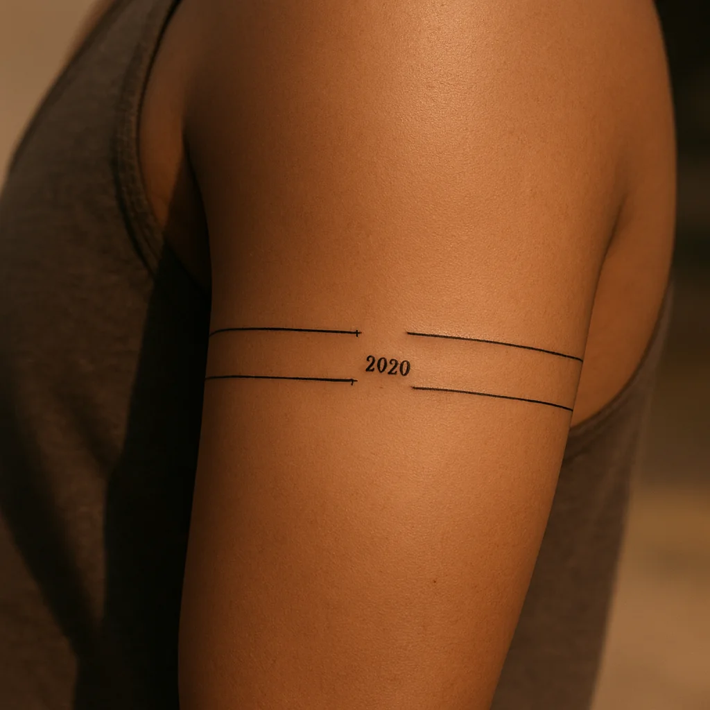 Broken armband with a small date lettering in the gap, fine-line bicep tattoo