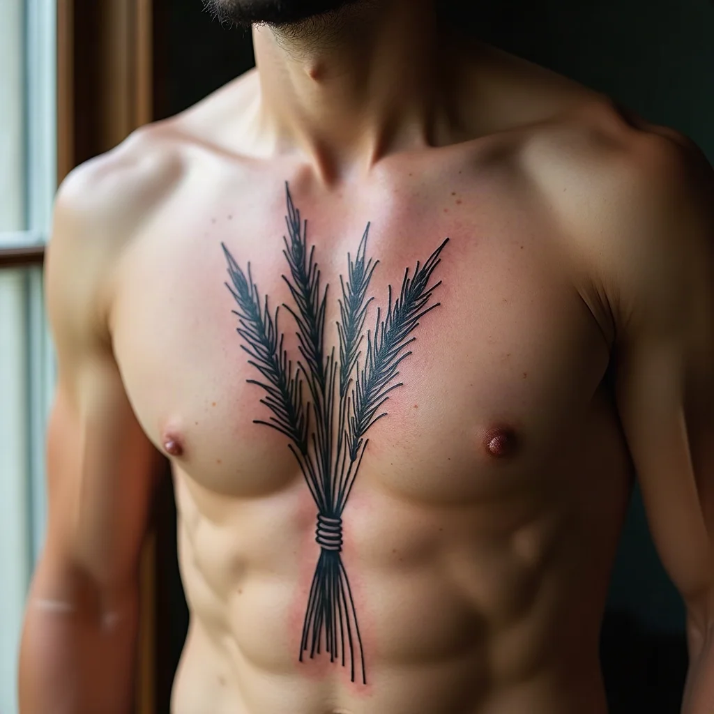 Bundled wheat stalks tattooed traditional style across a man's chest