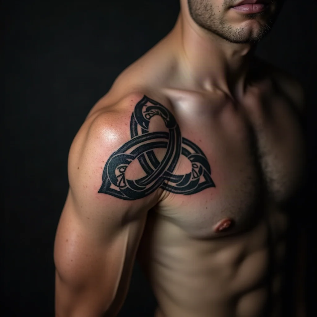 Celtic trinity knot in solid blackwork on a man's shoulder blade