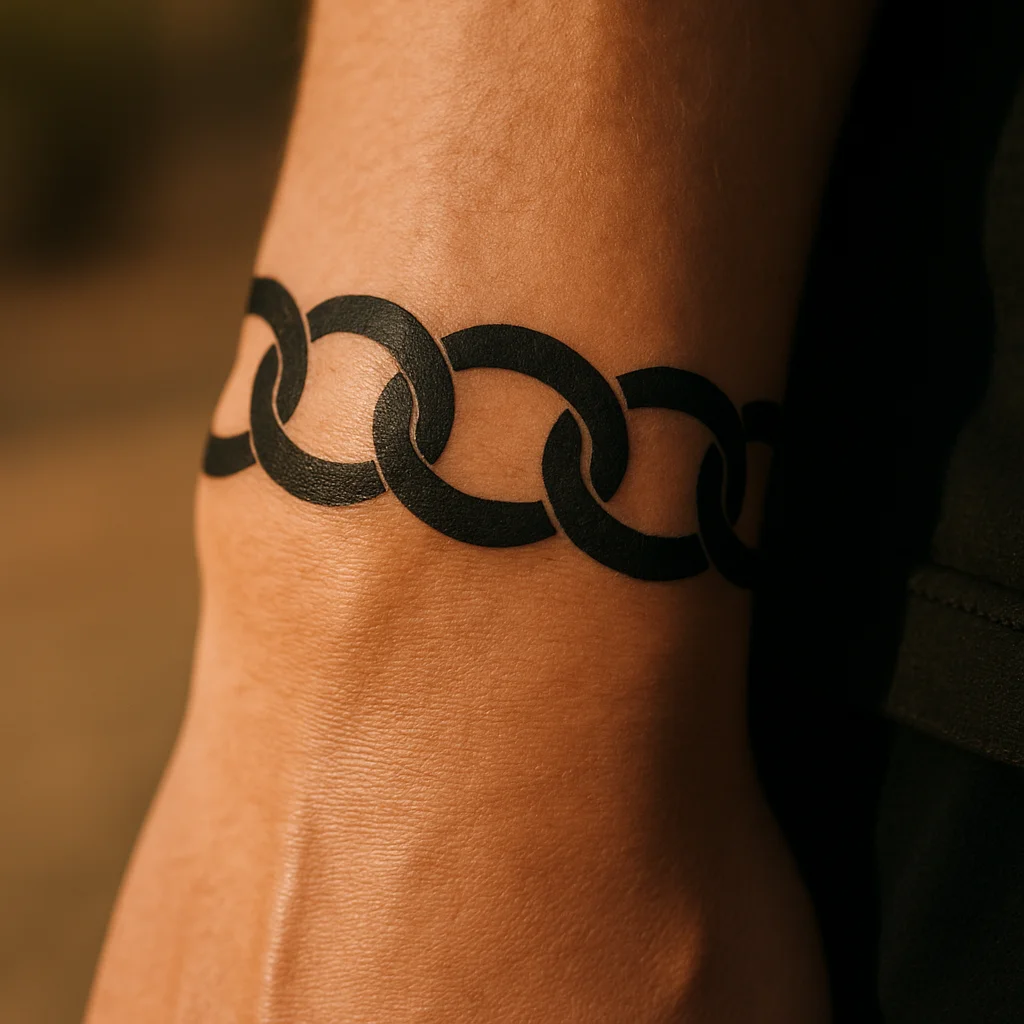 Chain-link band tattoo of open oval links around a man's wrist