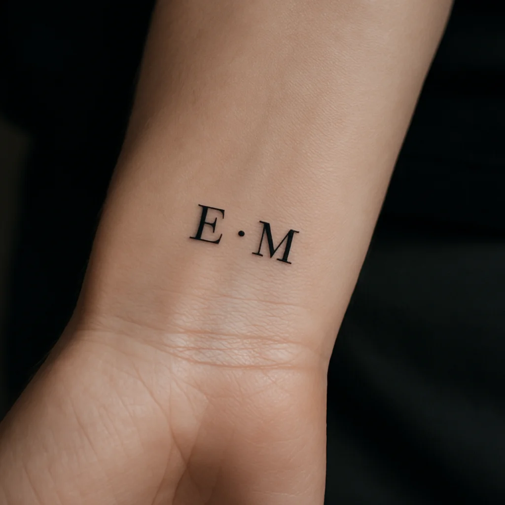 Children's initials in serif capitals, fine-line tattoo on a man's inner wrist