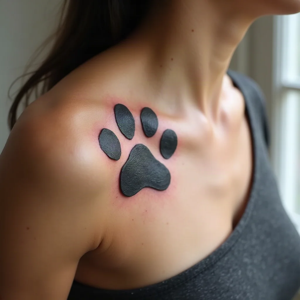 Clay paw print keepsake tattoo in soft grey shading on a shoulder blade
