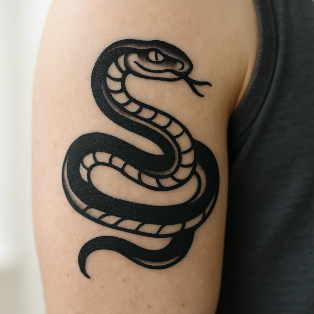Coiled snake armband with head on the outer bicep in bold traditional style