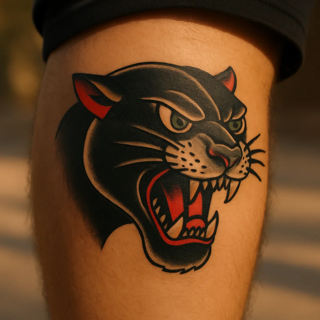 Colour-packed traditional panther head with bared teeth tattooed on the calf