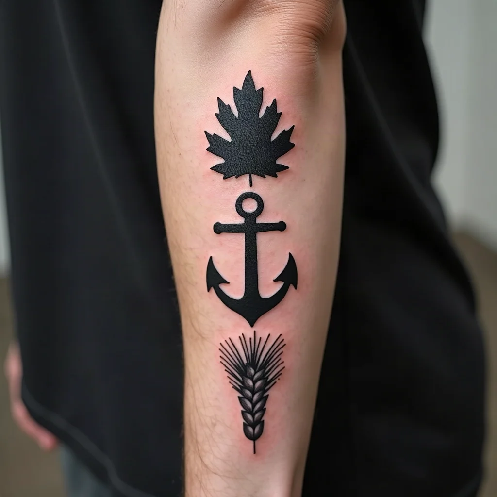 Column of three bold blackwork family symbols tattooed on a man's outer forearm