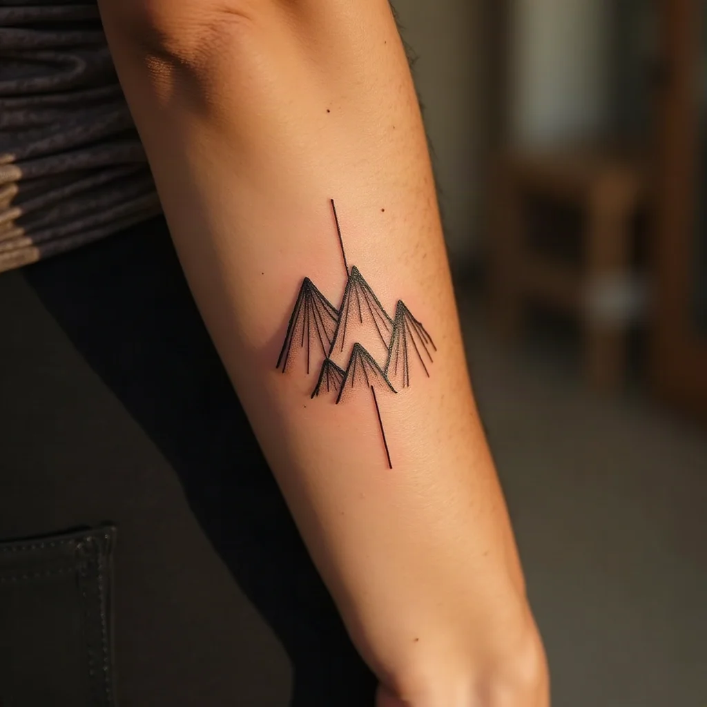 Continuous single-line mountain range tattoo across the outer forearm in minimalist style