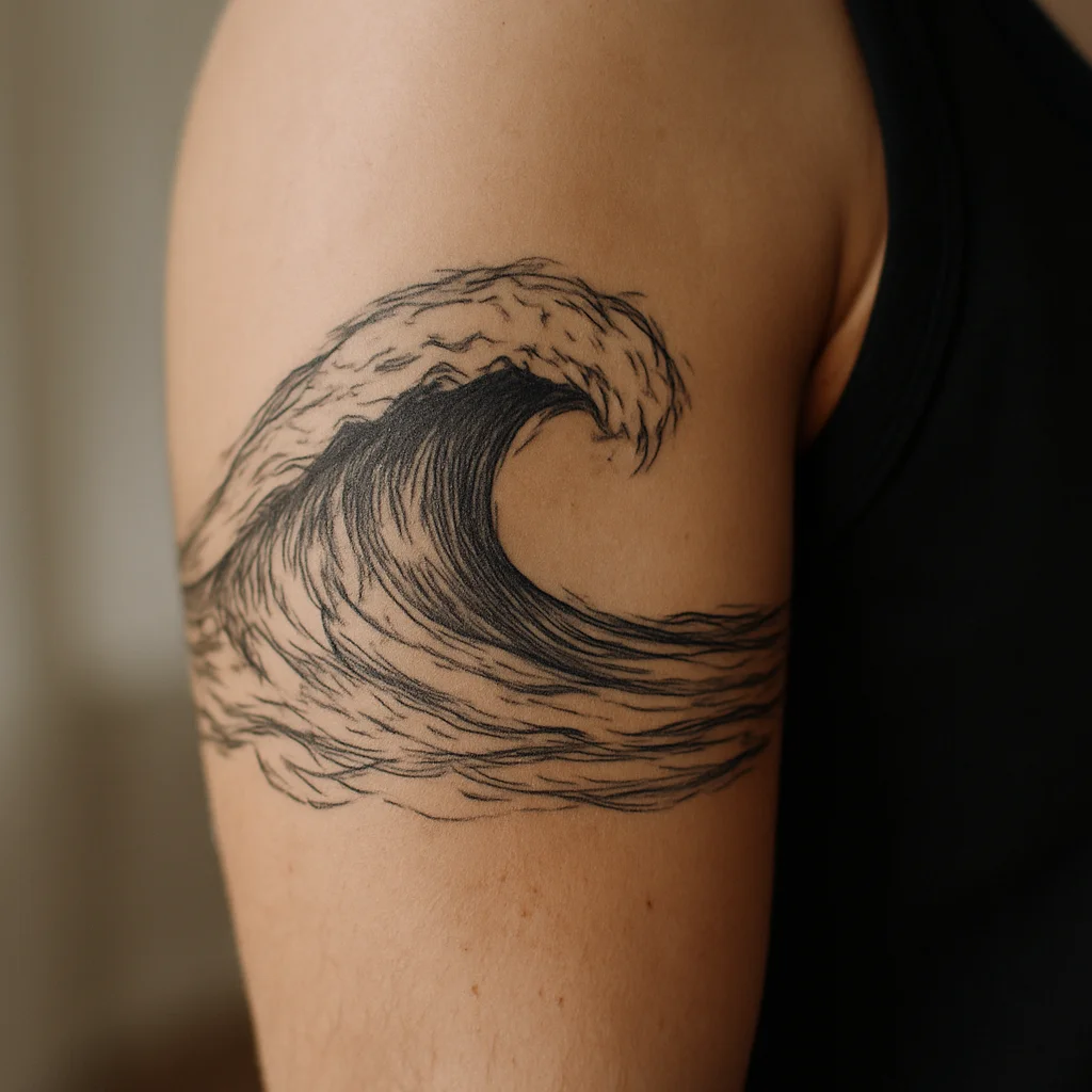 Continuous wave armband cresting on the outer bicep in illustrative Japanese-influenced style