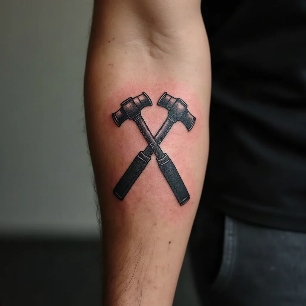 Crossed hammer and folding rule tattoo on a man's outer forearm