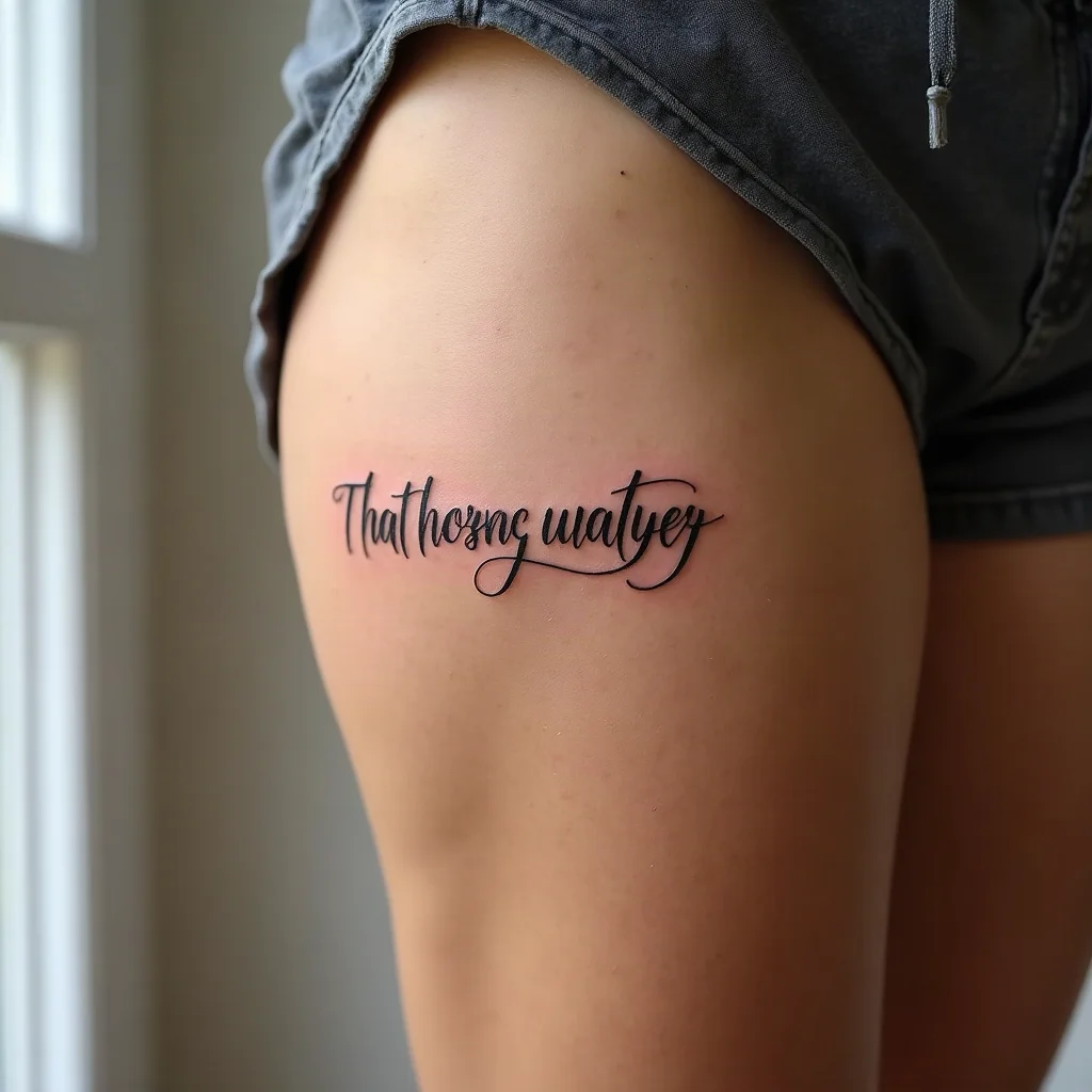 Curved cursive three-word script tattoo arcing along the inner thigh bikini line in fine-line style