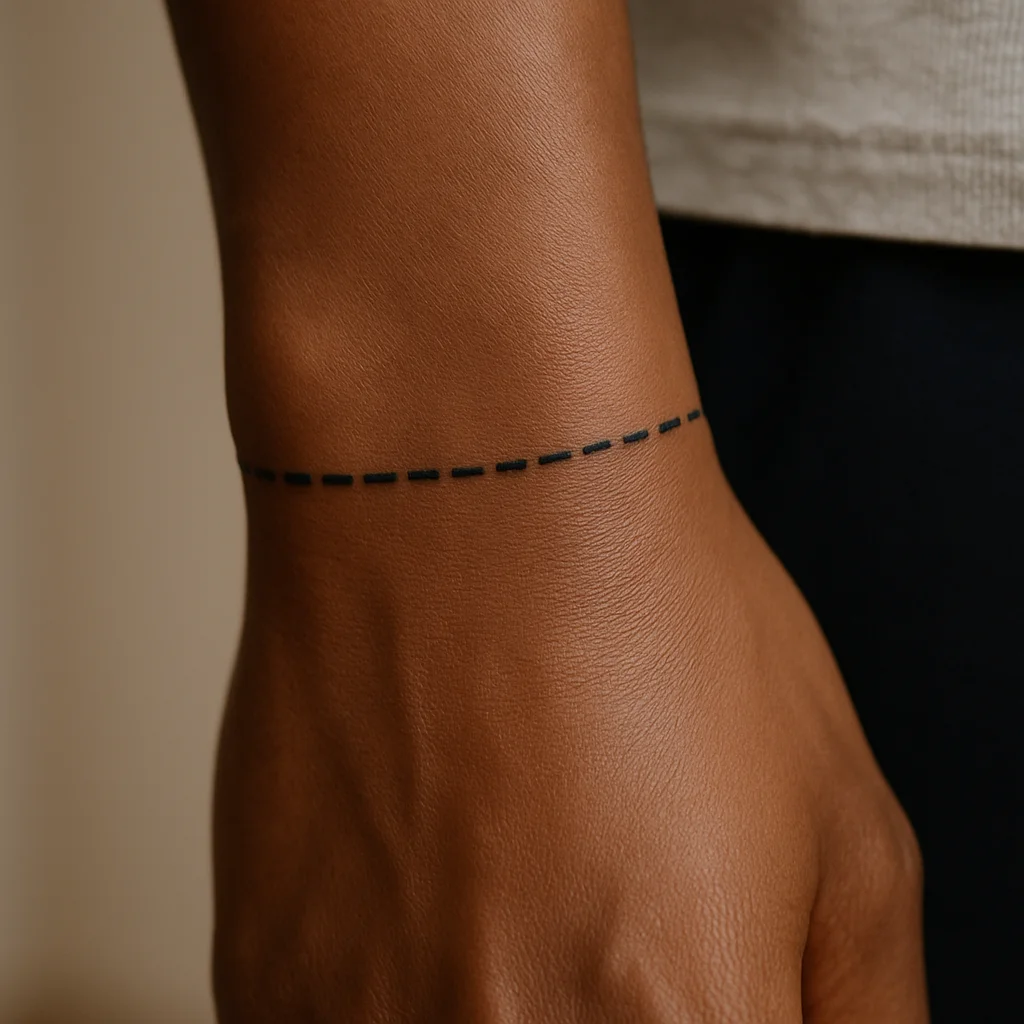 Dashed band tattoo circling a man's wrist in minimalist style
