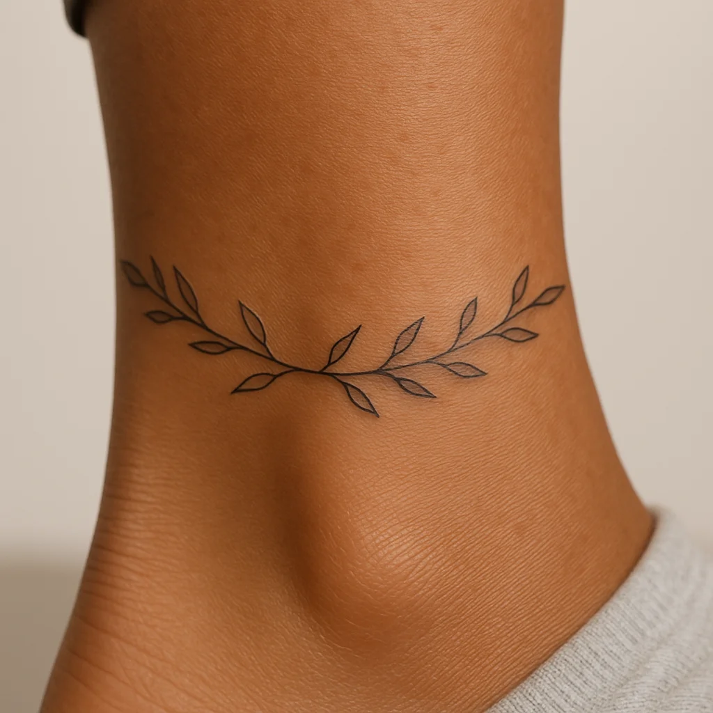 Delicate fine-line leaf chain tattoo on an ankle, fresh and left uncovered to breathe