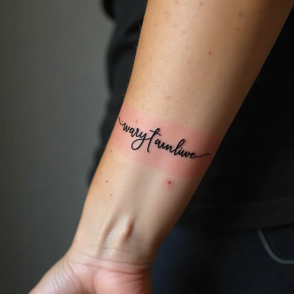 Delicate fine-line script tattoo on an inner wrist with redness from a lotion reaction