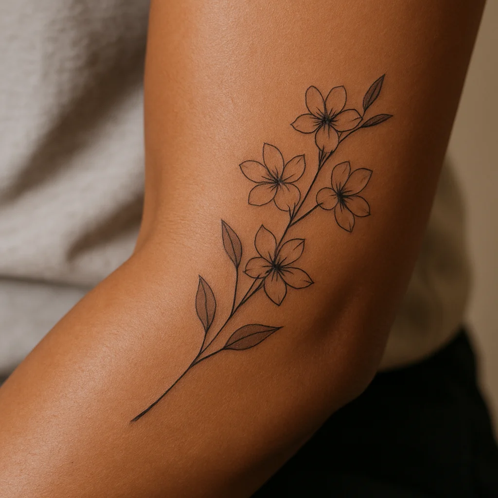 Delicate jasmine spray tattoo crossing the elbow ditch on a diagonal