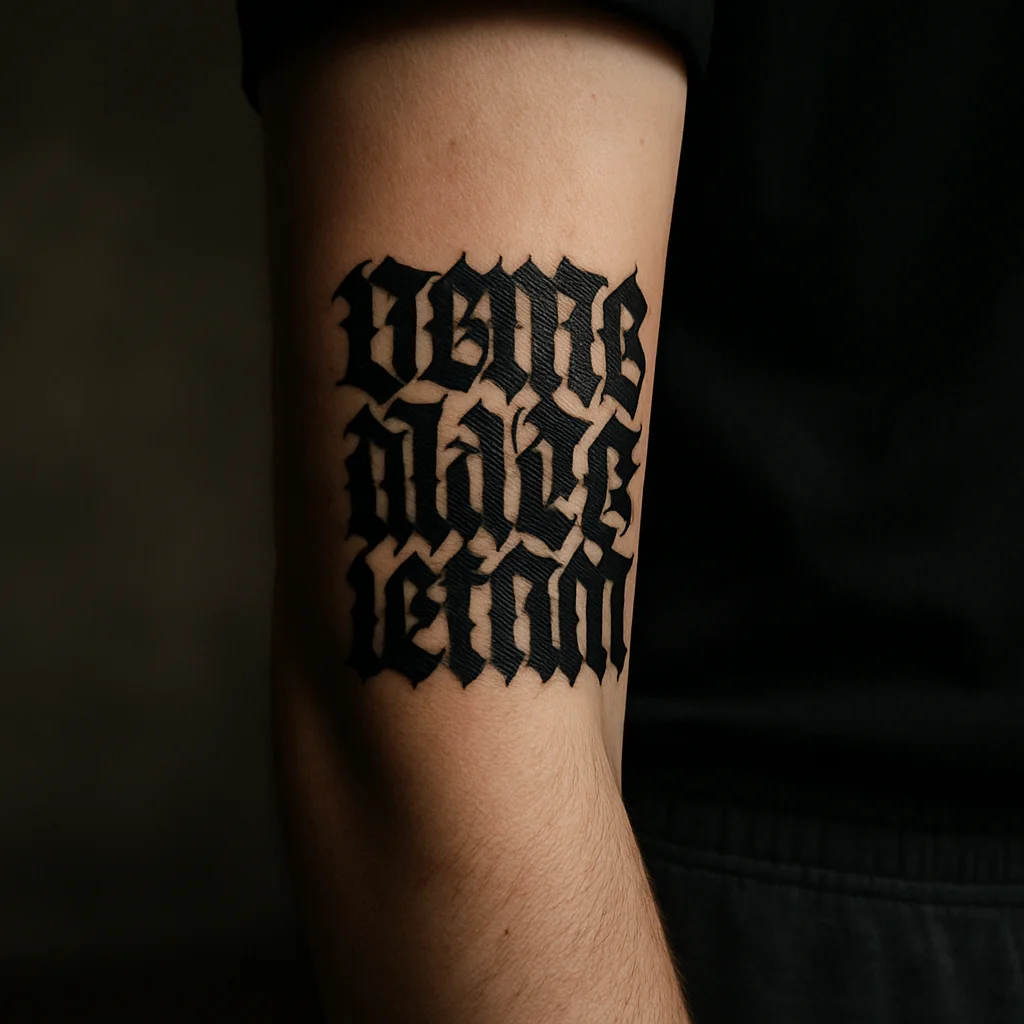 Dense blackletter script text block tattooed across a man's outer forearm