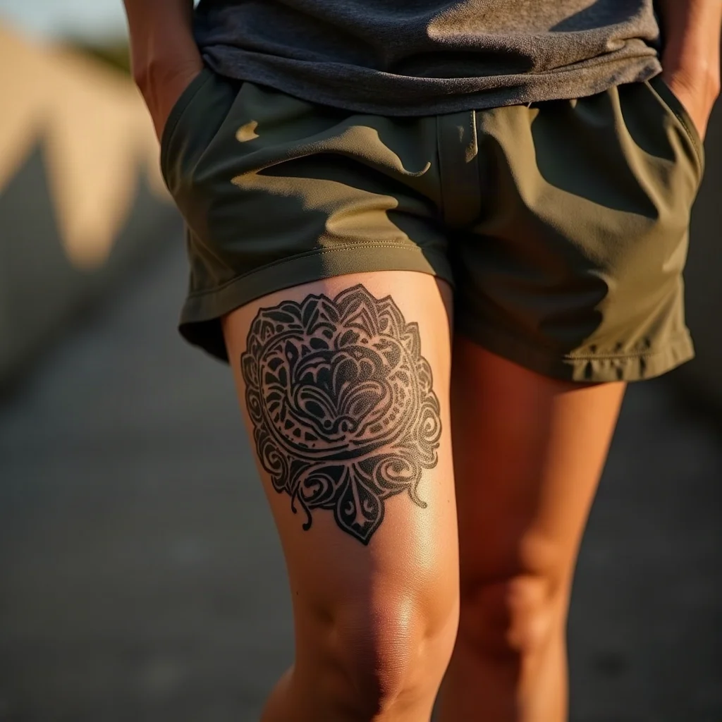 Dense blackwork ornamental panel with solid filled shapes tattooed on the thigh