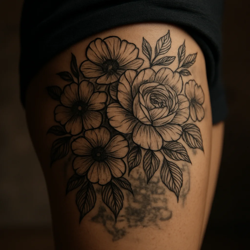 Dense floral cover-up tattoo hiding a faded older design on the thigh