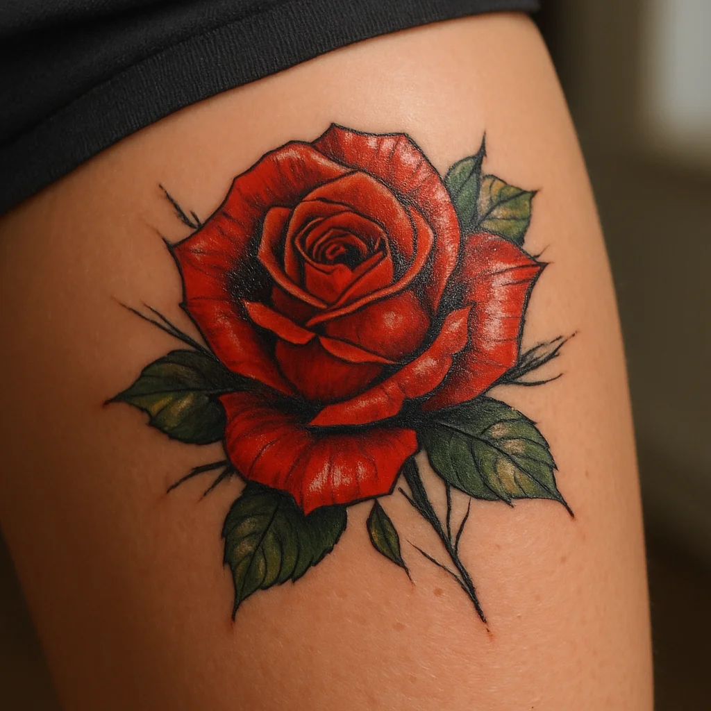 Densely shaded illustrative color rose tattoo on a thigh, freshly finished and glossy