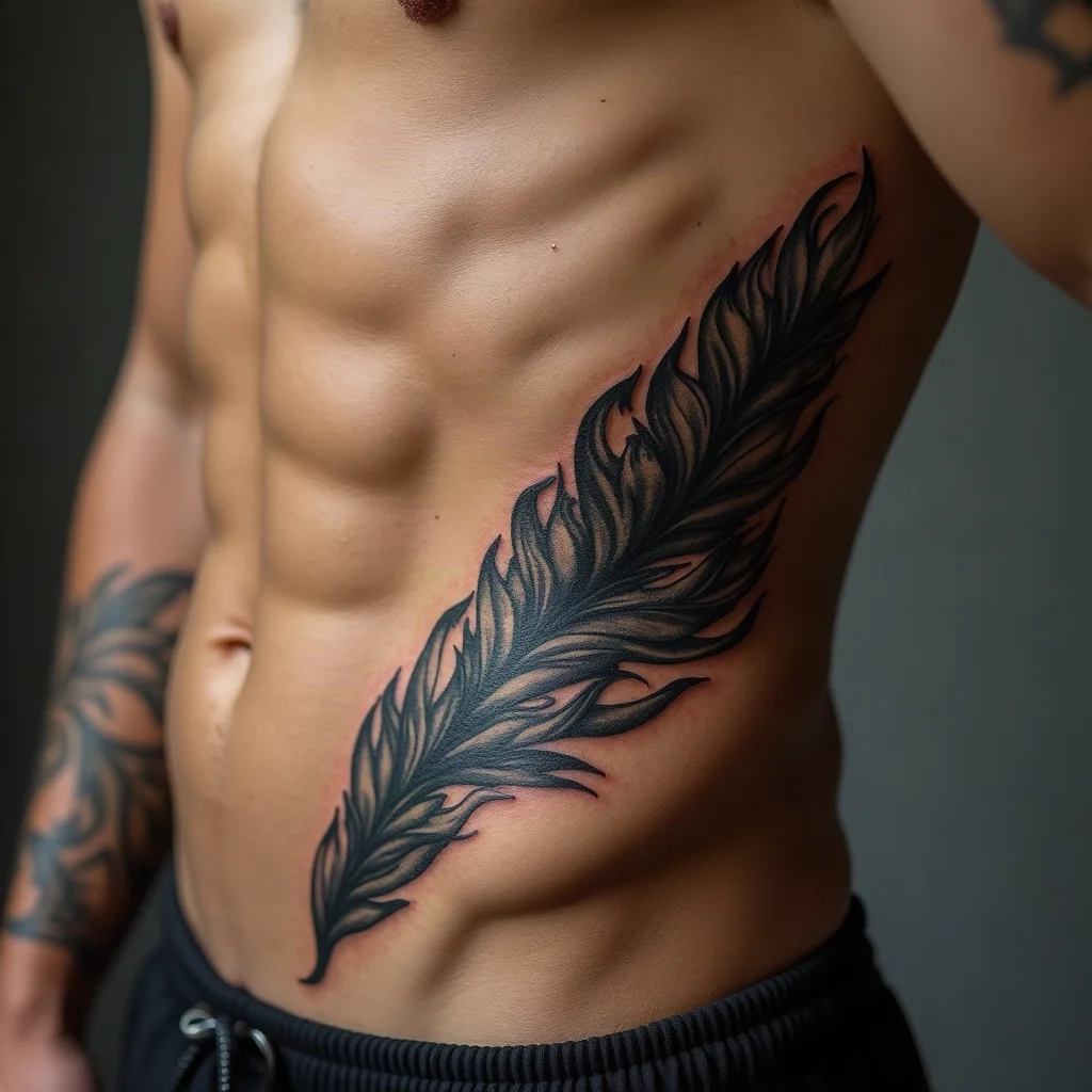 Diagonal blackwork rib panel following the bone line on a man's side of the ribcage