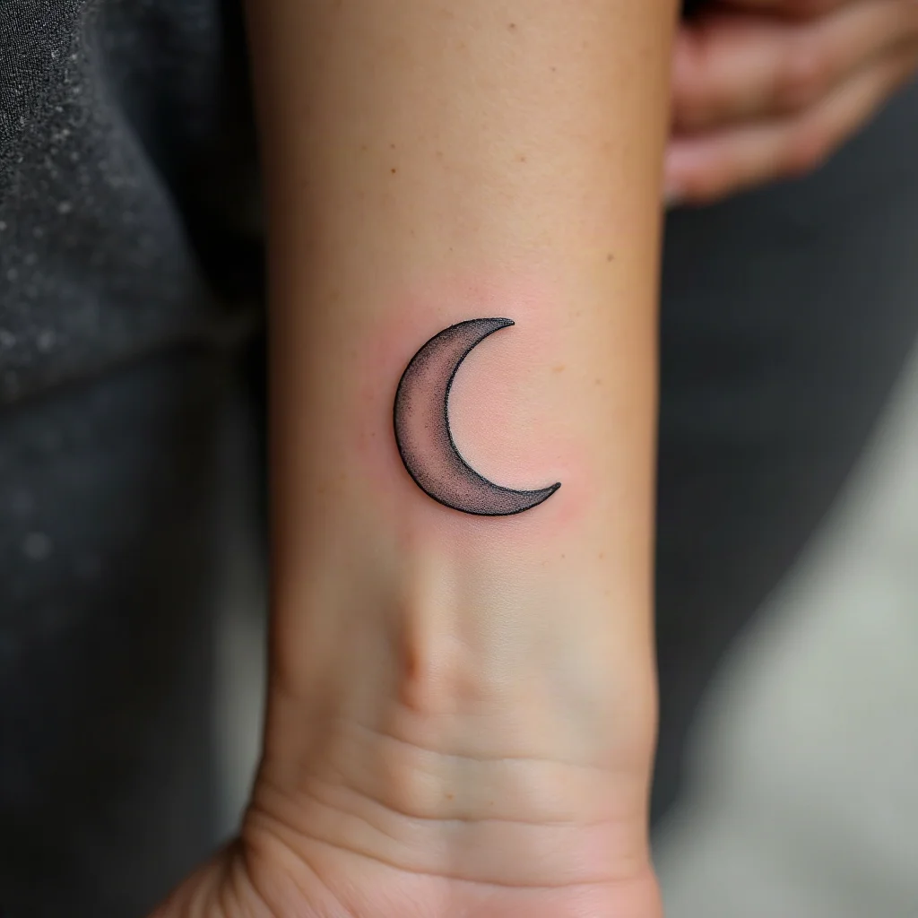 Dime-sized fine-line crescent moon outline tattooed on the inner wrist, a typical shop-minimum piece