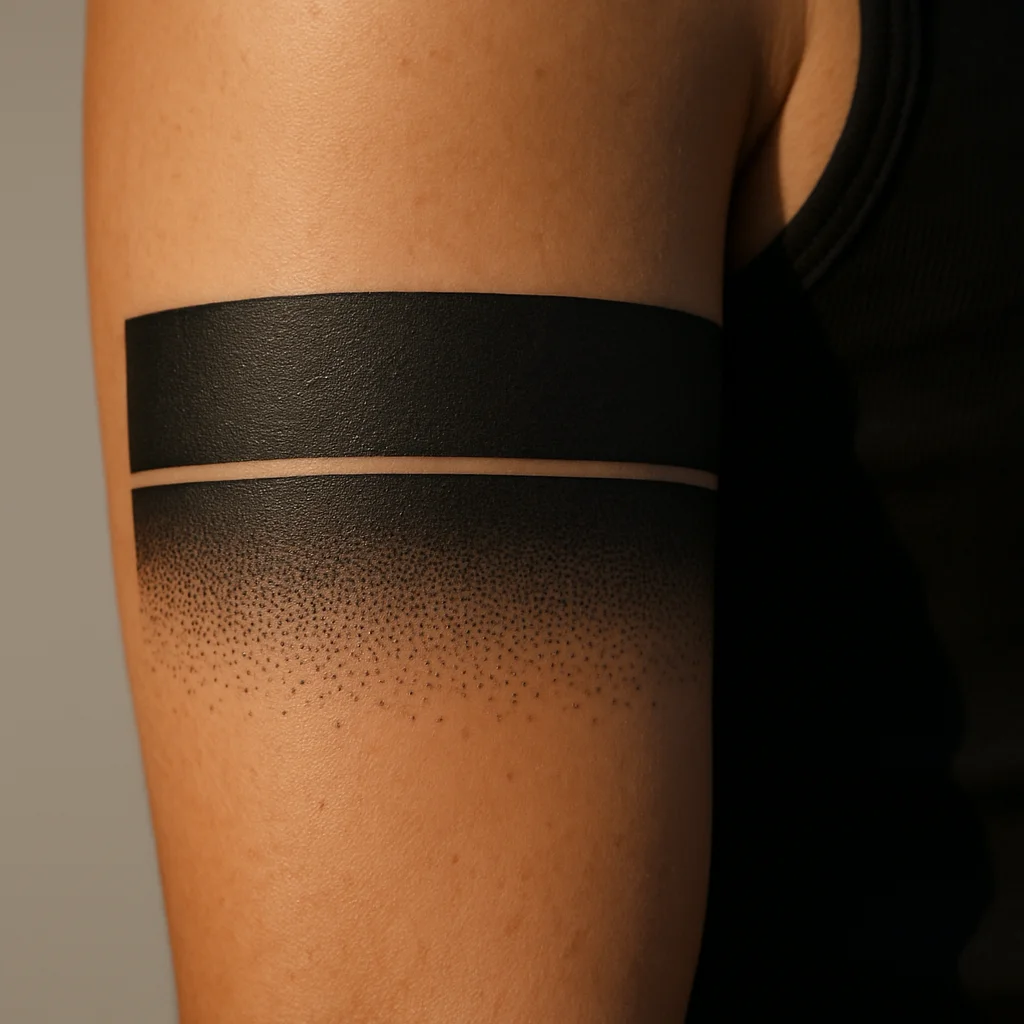 Dot-shaded gradient armband fading downward across the bicep in blackwork