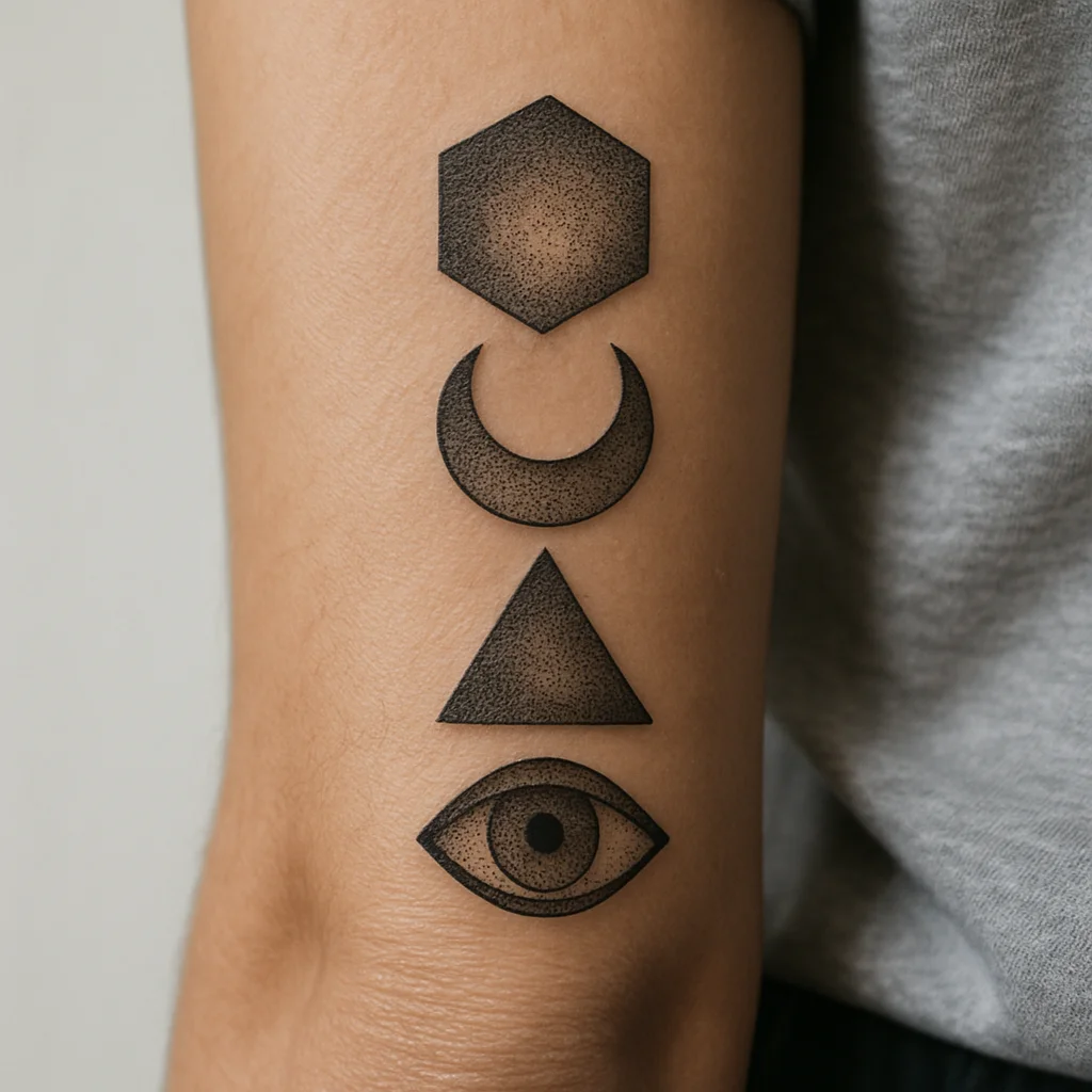Dotwork geometric totem column of stacked shapes tattooed down the outer forearm