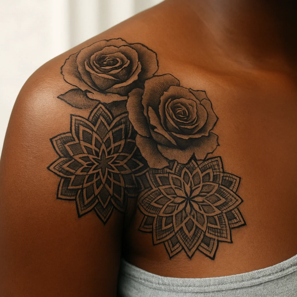 Dotwork mandala and rose sleeve piece framing the shoulder in geometric style