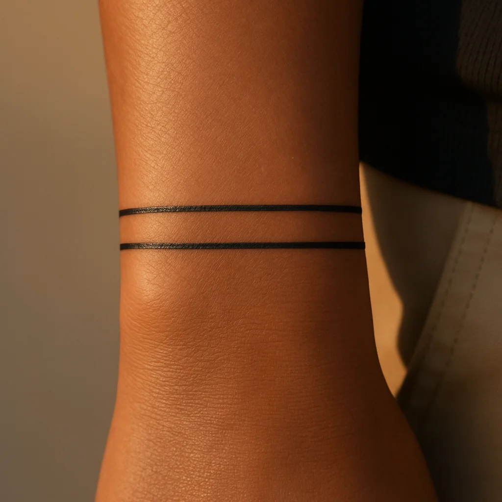 Double thin band tattoo with a gap wrapping a man's wrist