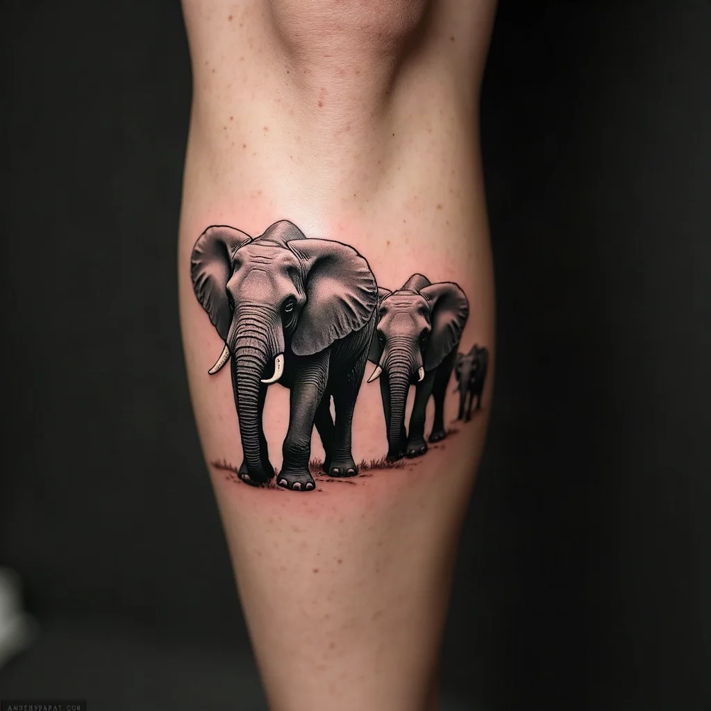 Elephant herd trunk to tail tattooed in illustrative grey wash on a man's calf