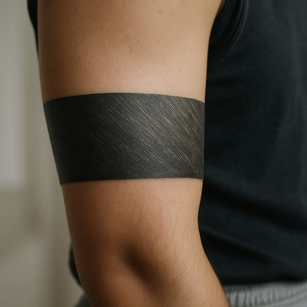 Etched hatching blackwork armband filling a wide band on the bicep