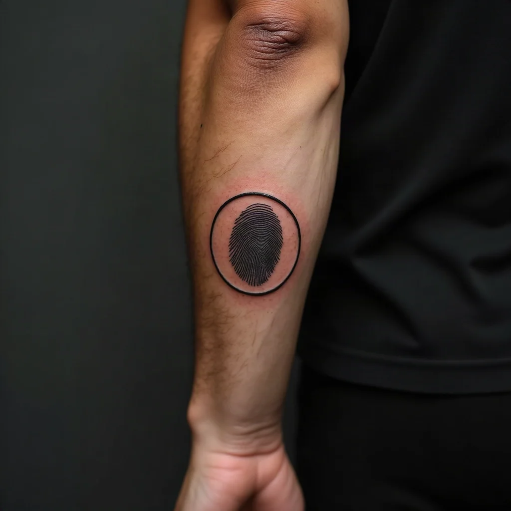 Father's fingerprint tattoo inside a plain circle on a man's inner forearm