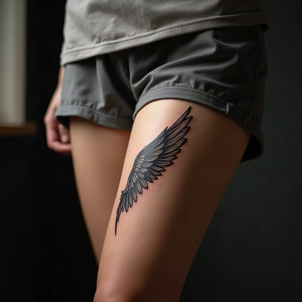 Feathered wing panel tattoo angled inward on the inner thigh