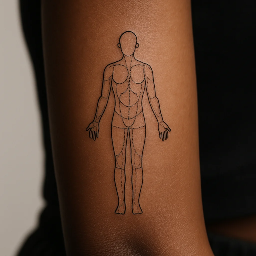 Fine-line anatomical body outline with dotted zone markings tattooed on an outer forearm