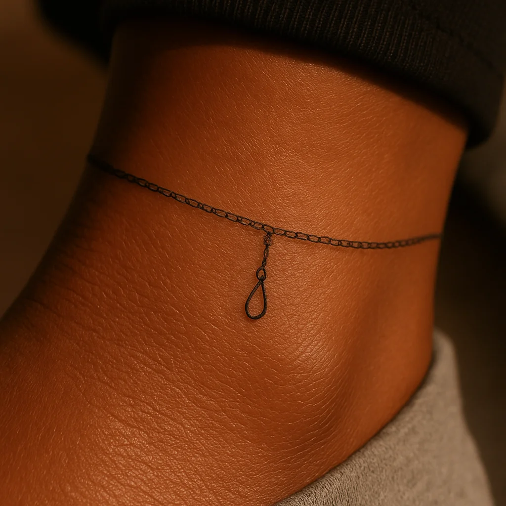 Fine-line anklet chain tattoo with one small charm wrapping the ankle after a touch-up