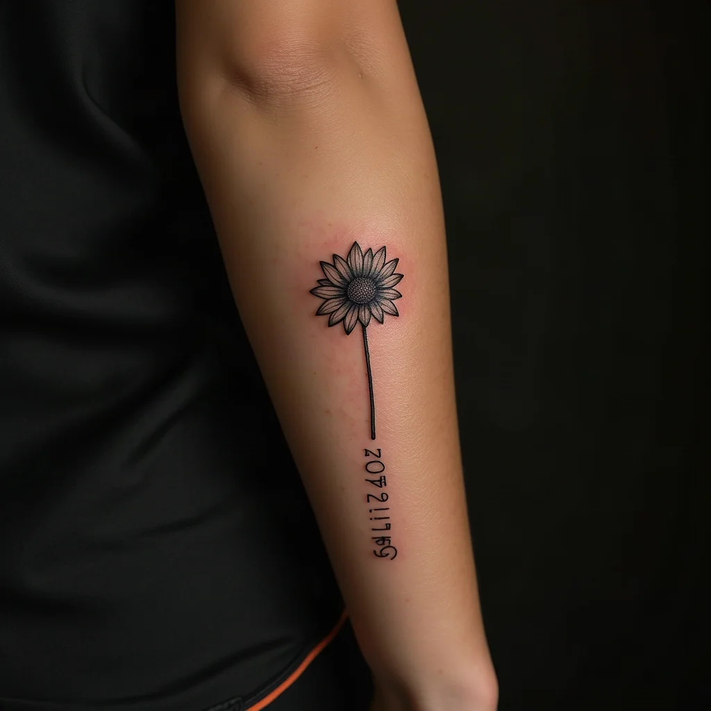 Fine-line aster with a birth date in Roman numerals down the stem on the inner forearm