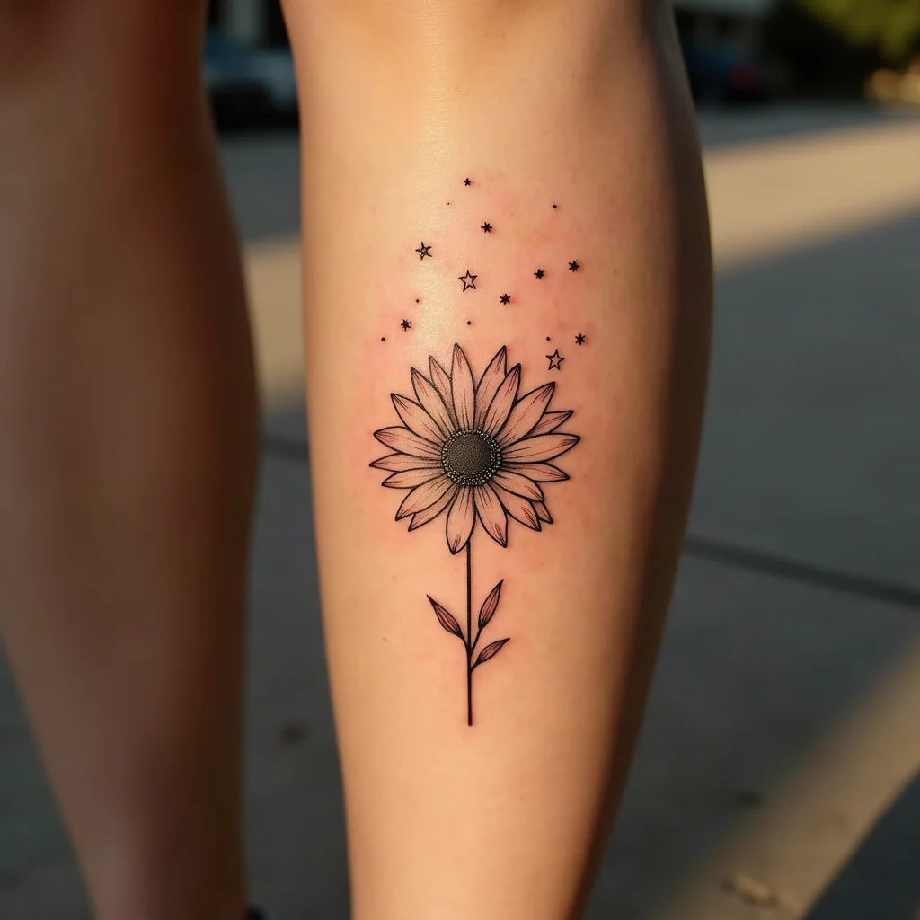 Fine-line aster with constellation lines extending from the petal tips on the calf