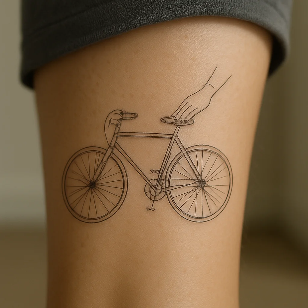 Fine-line bicycle with a steadying hand on the seat tattooed on a calf
