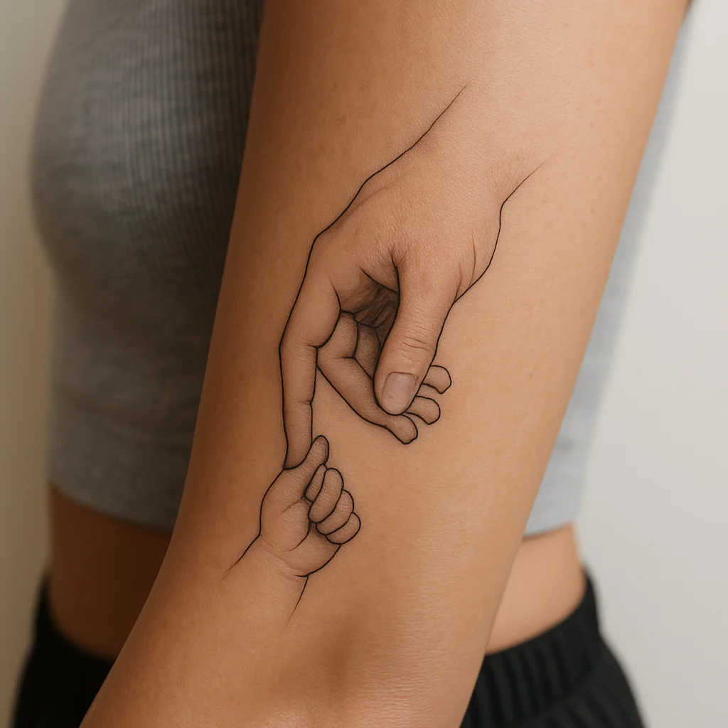 Fine-line big hand and small hand with fingertips touching tattooed on an inner forearm
