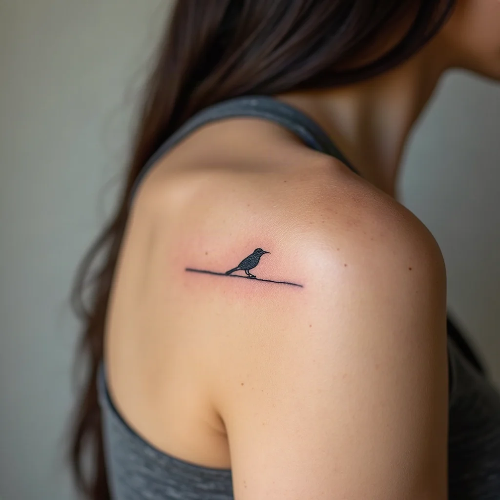 Fine-line bird silhouette tattoo above a horizon line on a woman's shoulder blade