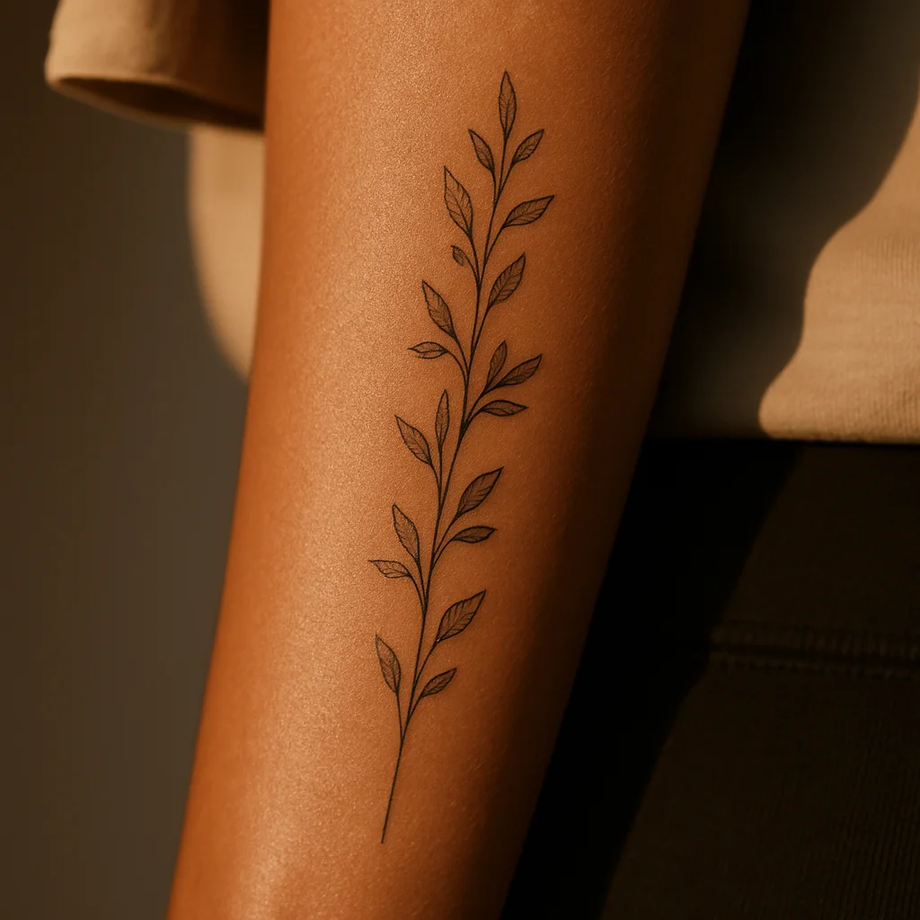 Fine-line botanical column of stems and leaves running down the outer forearm
