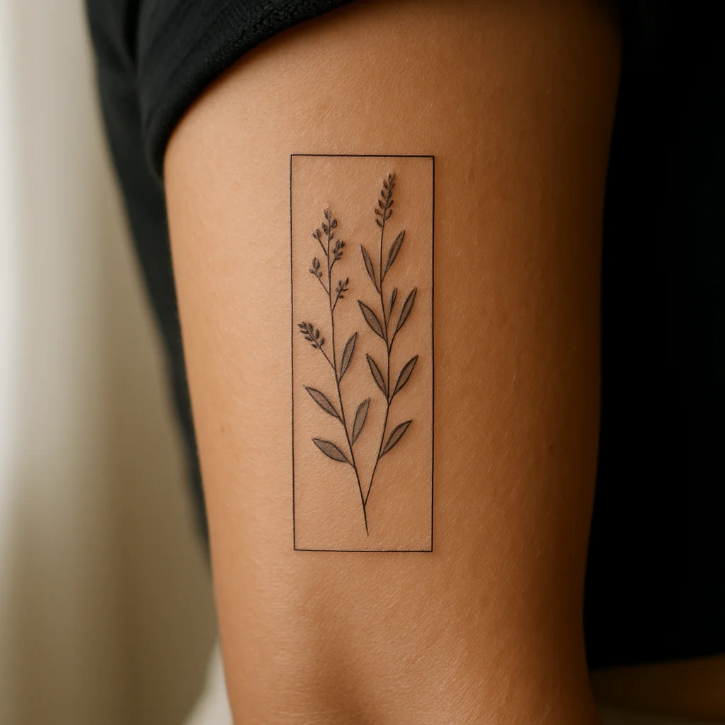 Fine-line botanical panel tattoo on the outer forearm, a manageable placement for a first session