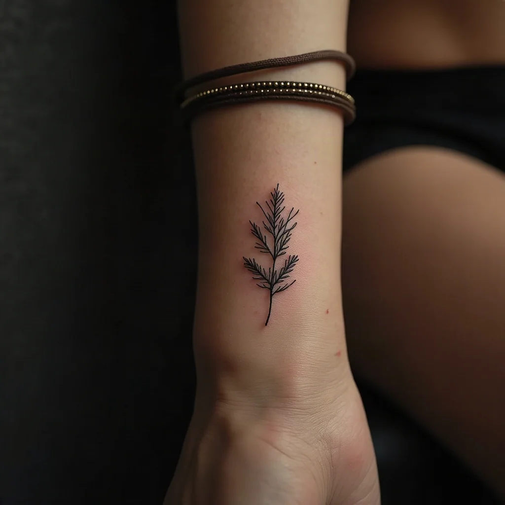 Fine-line botanical sprig tattoo on a woman's inner wrist under bracelets