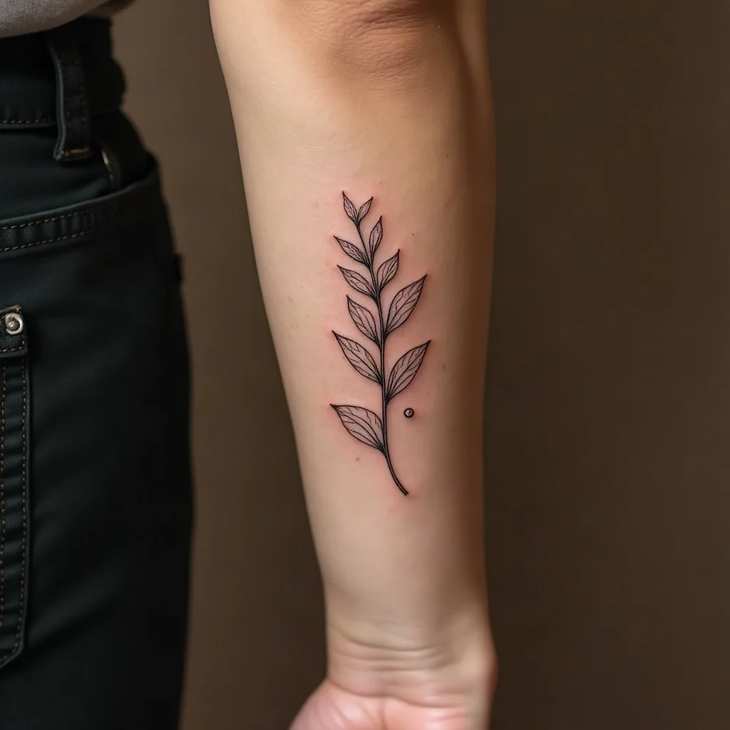 Fine-line botanical sprig tattoo on an outer forearm with a pea-sized amount of lotion applied thinly