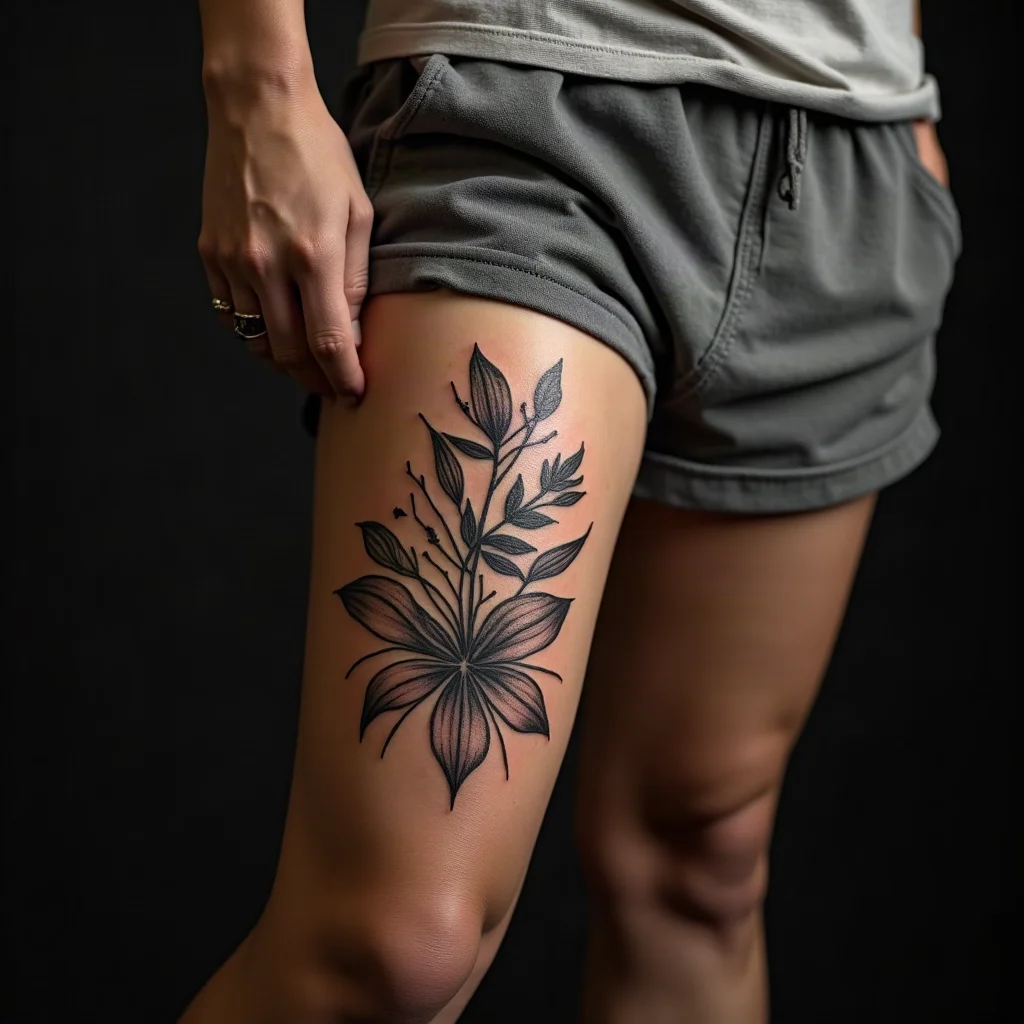 Fine-line botanical thigh tattoo stencil positioned on the leg before the session