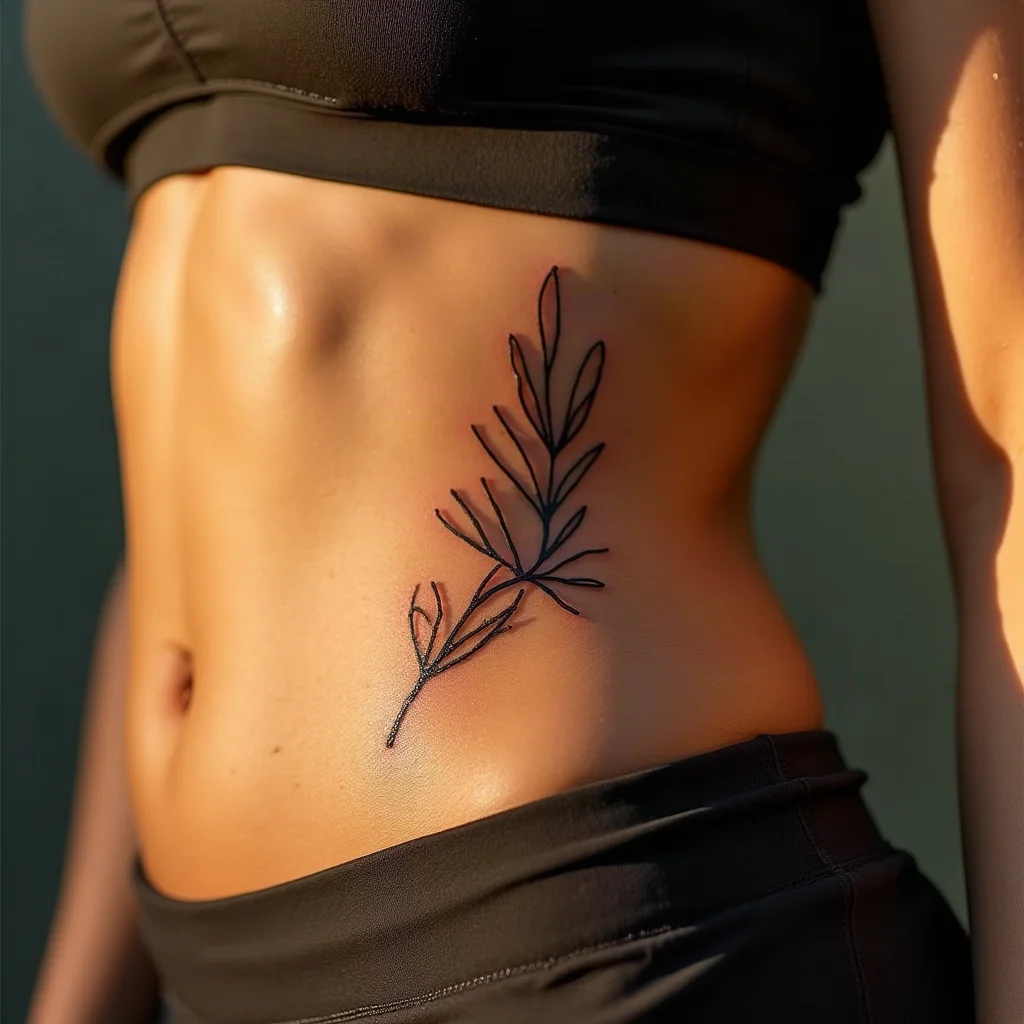 Fine-line branch tattoo sitting just inside the bra band on a woman's ribcage