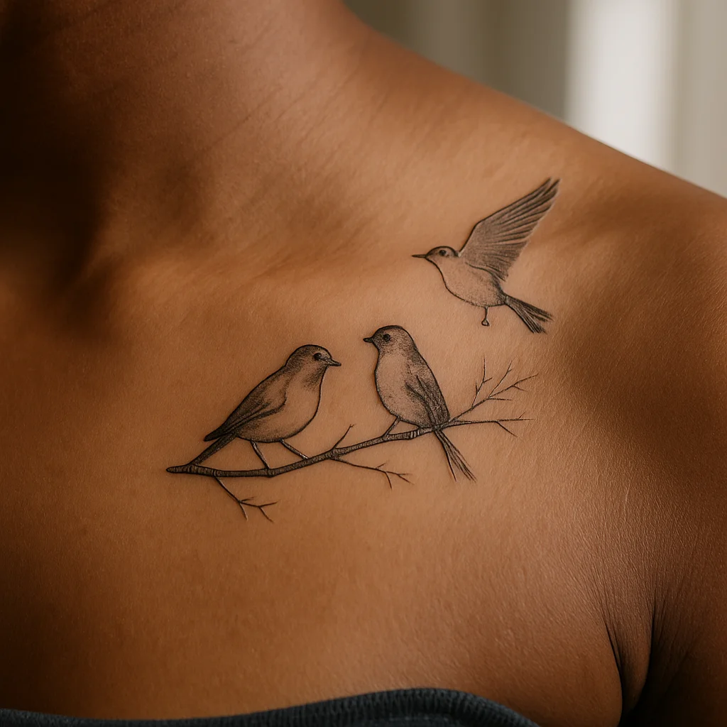 Fine-line branch with two perched birds and one flying bird tattooed along a collarbone