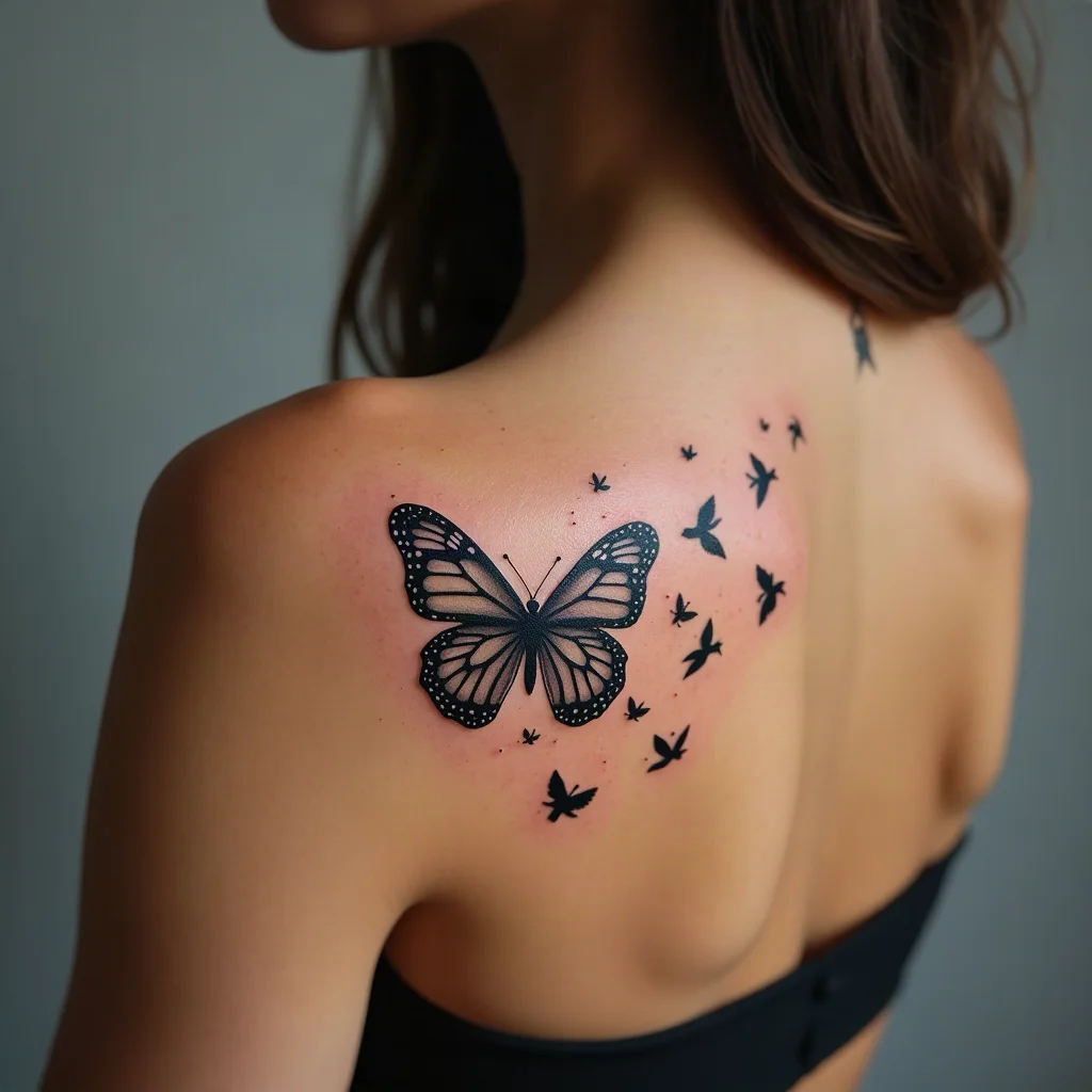 Fine-line butterfly dissolving into small birds tattooed on the shoulder blade
