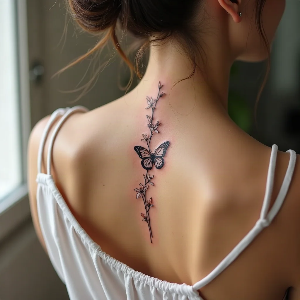 Fine-line butterfly with a baby's breath floral body running down the spine