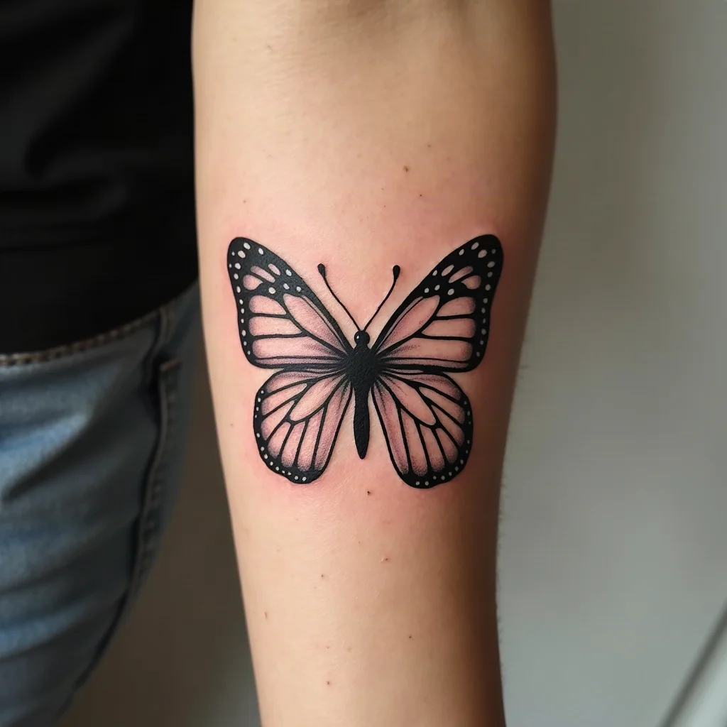 Fine-line butterfly with dotwork stippled wings tattooed on the inner forearm