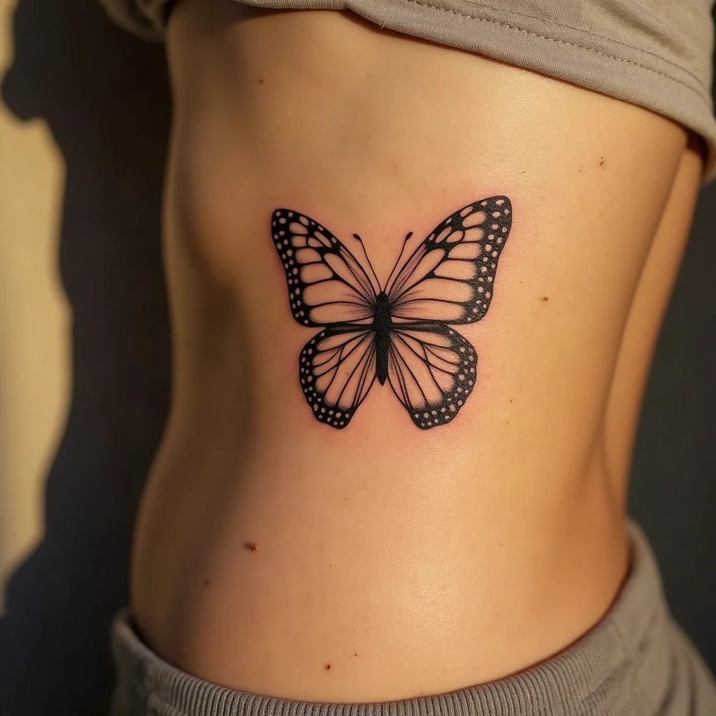 Fine-line butterfly with handwriting inside the wings tattooed on the side of the ribcage