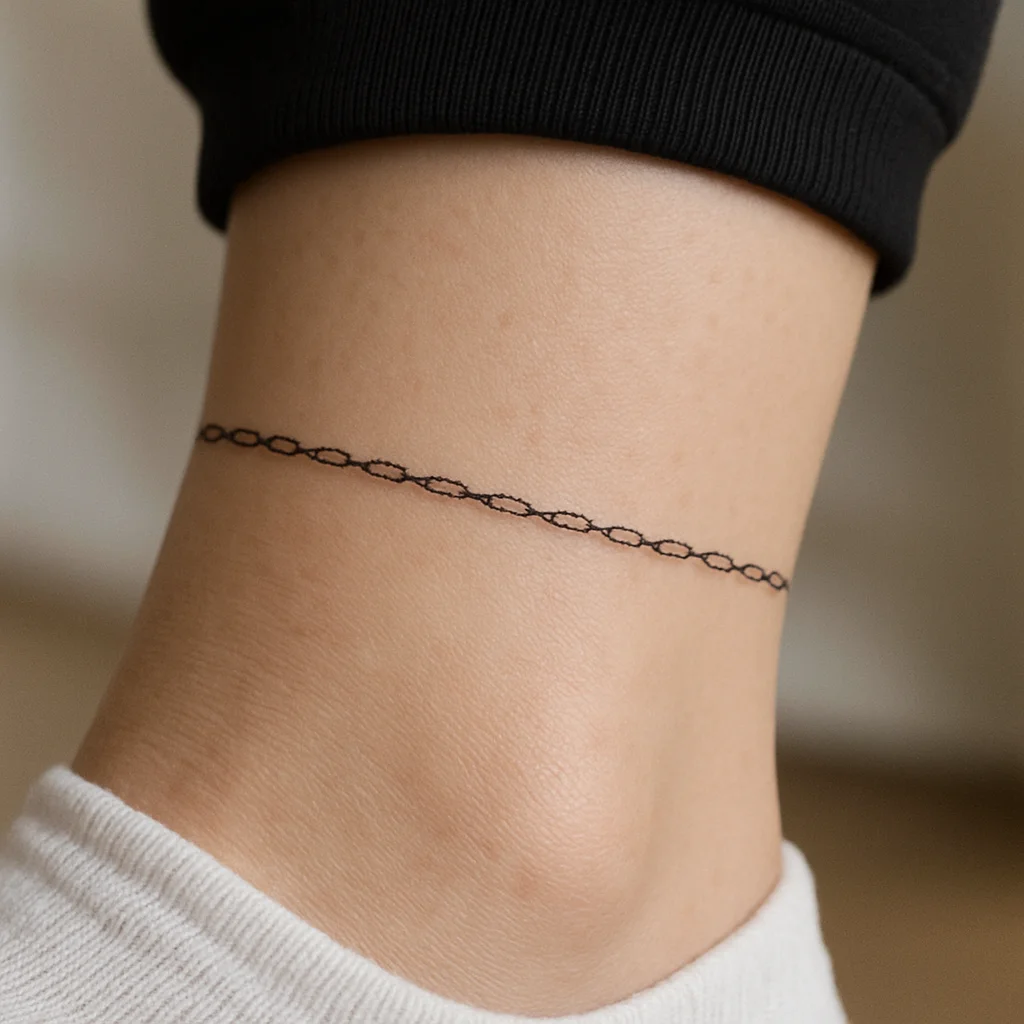 Fine-line chain bracelet tattoo wrapping around the ankle bone